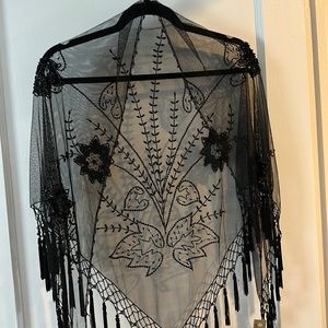 Sheer Beaded Sequin Fringe Triangle Shawl